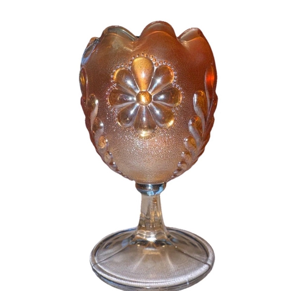 Vintage 1909 Northwood Marigold Carnival Glass Daisy Plume Pedestal Rose Bowl